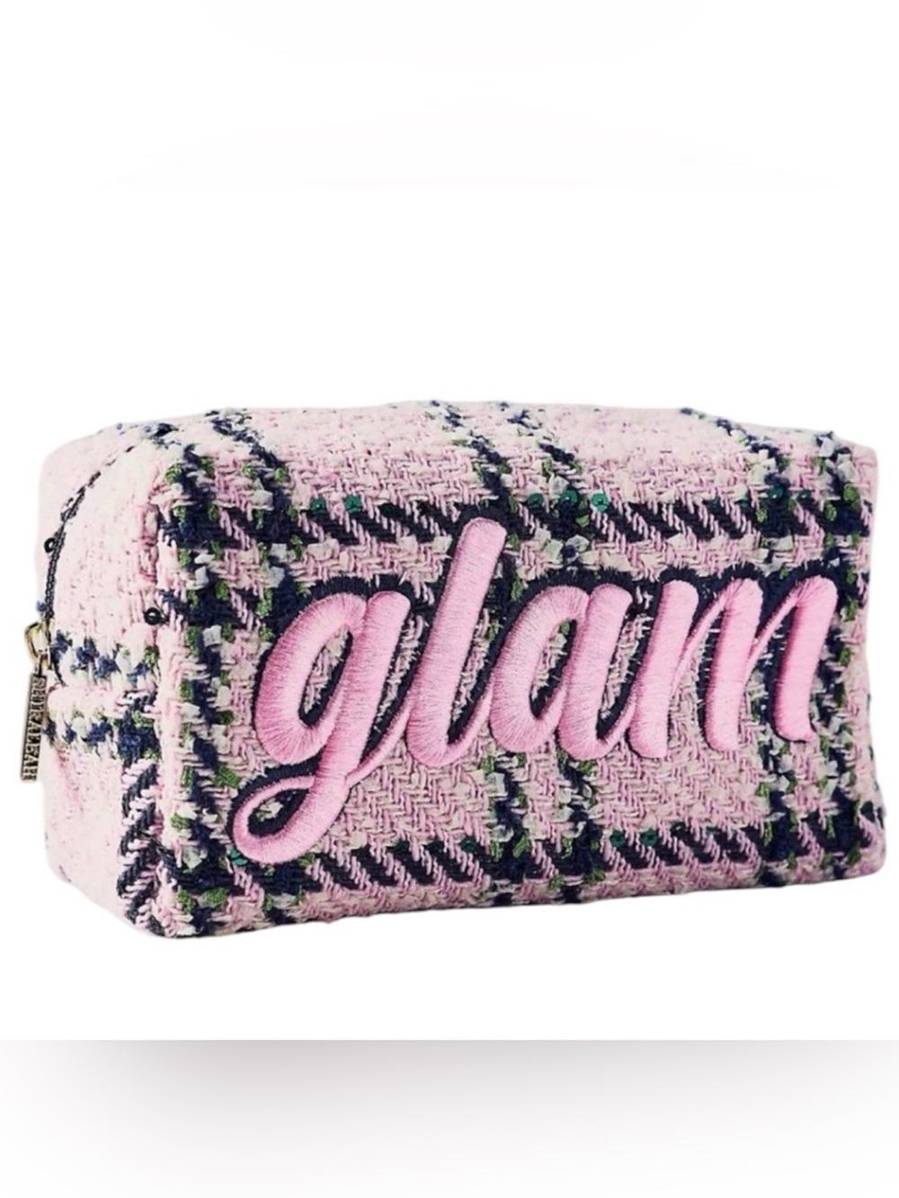 Anthropologie Shiraleah Glam Pink Tweed Cosmetic Bag Preppy Gifts Travel New